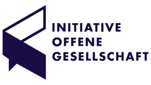dreiecks Logo in blau und weiß, mit Text "Initiative offene Gesellschaft"