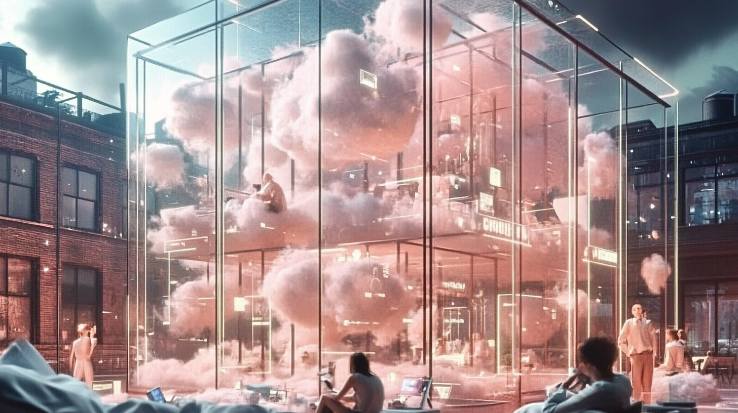 KI-generiertes Bild: großes Haus aus Glas mit Wolken drin, in dem Menschen am Schreibtisch sitzen