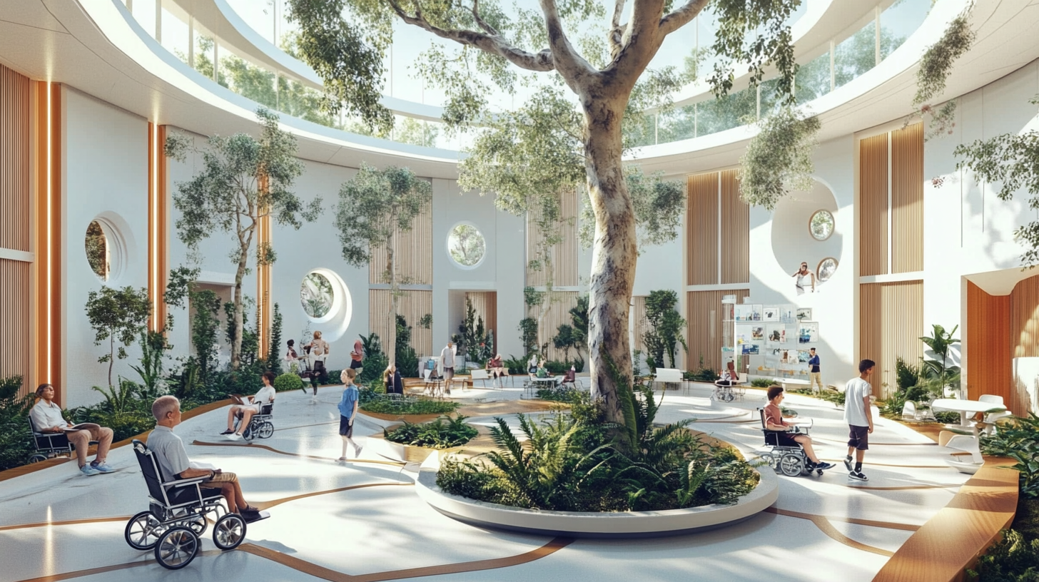 KI-generiertes Bild der Politischen Medienbildung: Menschen verschiedenen Alters in einem futuristischen Gebäude-Hof