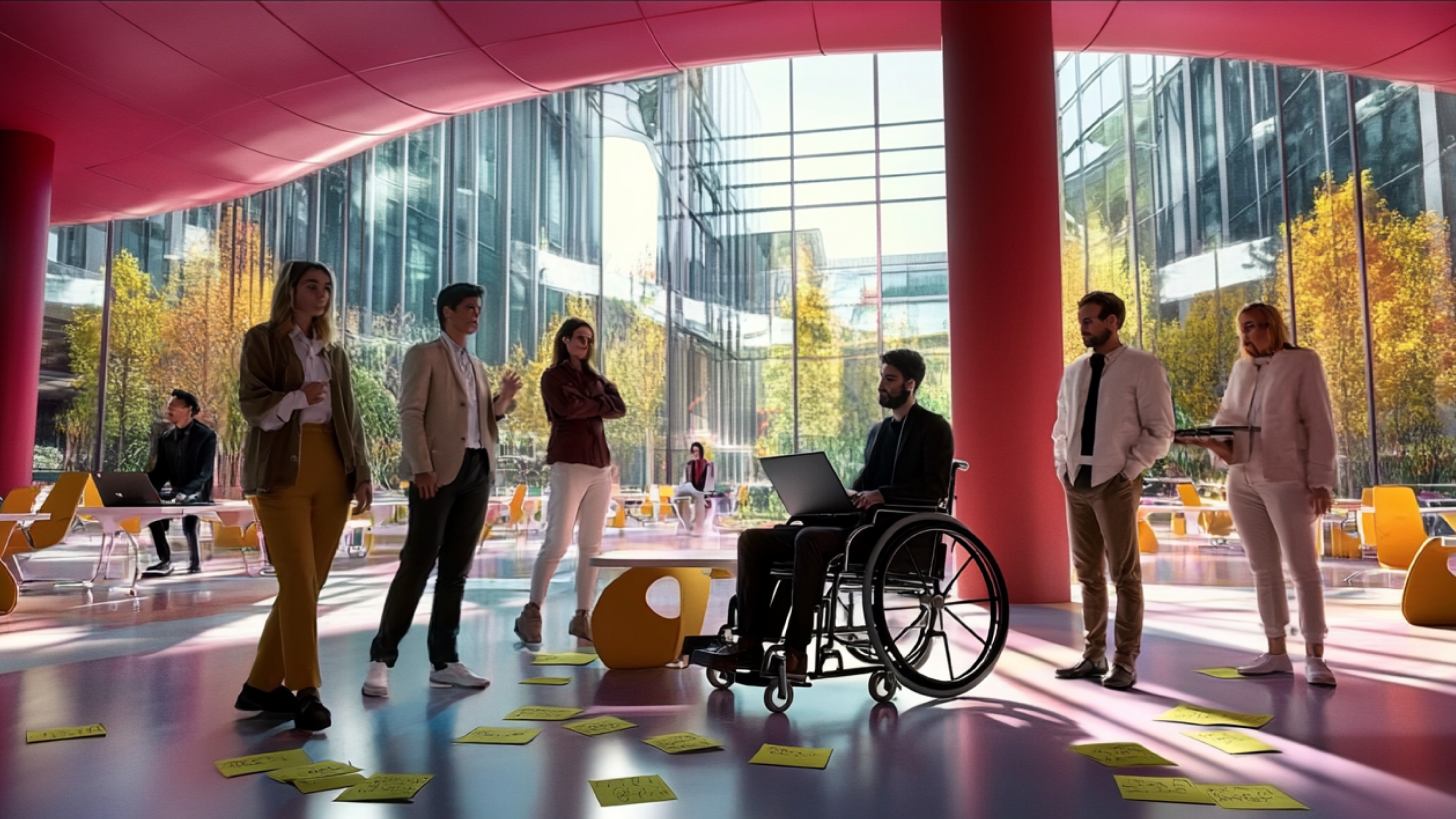 KI-generiertes Bild: Menschen stehen in einem futuristischen Gebäude zusammen und diskutieren 