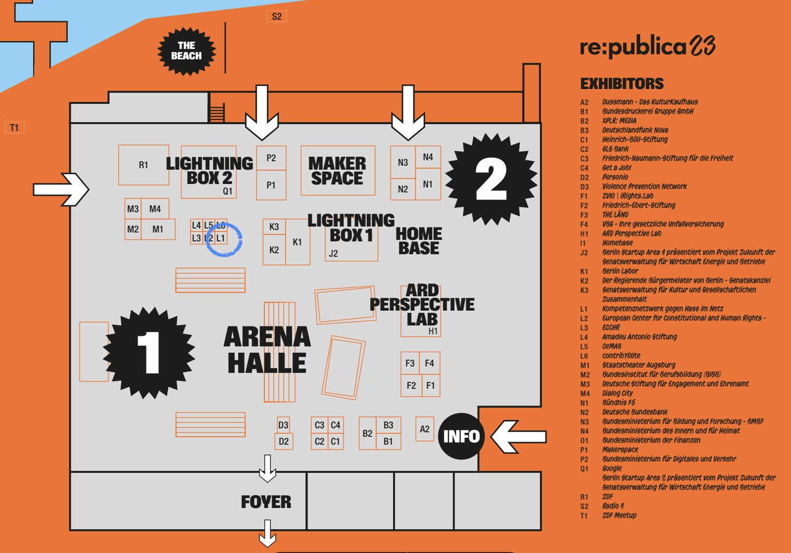 Lageplan der Arena-Halle bei der re:publica 23 in Orange und Grau mit eingezeichneten Ständen, Beschriftungen und der Liste an Ausstellenden.