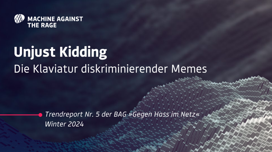 Weißer Schriftzug "Unjust Kidding; Die Klaviatur diskriminierender Memes", auf aerodynamischem, blauen Hintergrund, Roter Laser als Designelement