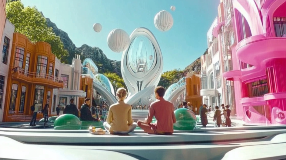 KI-generiertes Bild zu Begegnung als Schlüssel KI-generiertes Bild: Zwei Menschen sitzen an einem futuristischen Platz im Schneidersitz