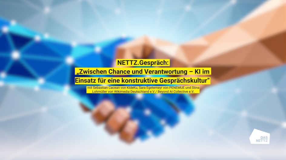Titel des NETTZ.Gesprächs vom 11.12.2025 auf einer Illustration, in der sich ein humanoider Roboter und ein Mensch die Hand geben