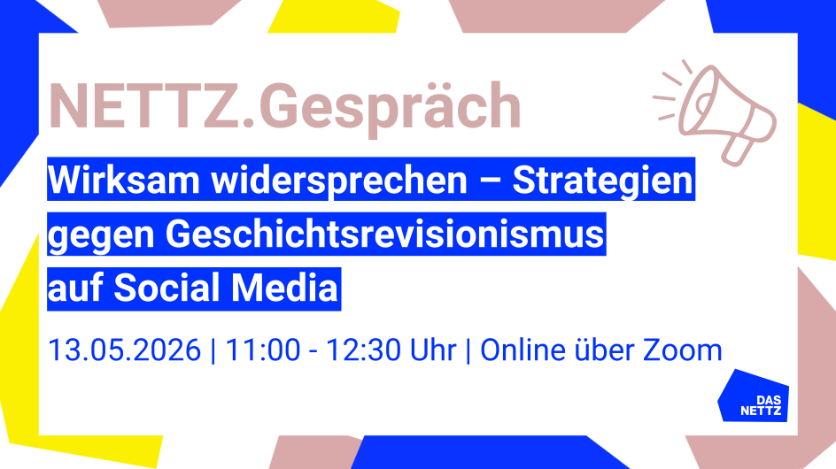 Poster zum NETTZ.Gespräch, auf dem der Titel des Gesprächs steht sowie die Abbildung eines Megaphons