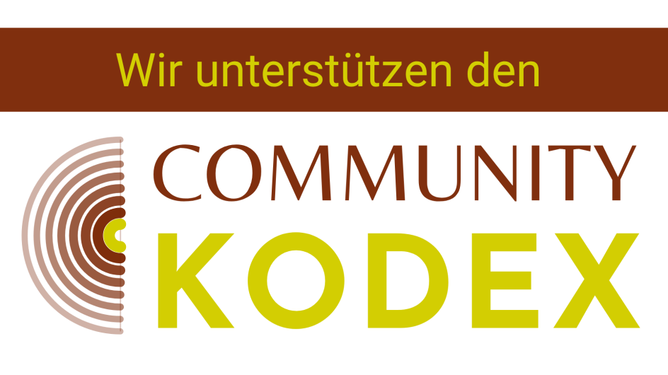 Grafik mit dem Schriftzug „Wir unterstützen den Community Kodex“ und dem Logo des Community Kodex als Zeichen der Unterstützung für verantwortungsvolles Community Management.
