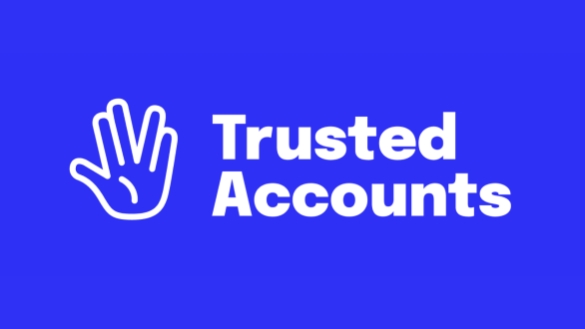 Logo Trusted Accounts links Hand daneben weiße Schrift auf blauem Hintergrund