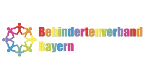 Links Figuren in unterschiedlichen Farben, die im Kreis Hände halten, daneben Text Behindertenverband Bayern bunt