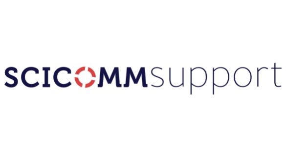 Schriftzug "Scicomm Support" in dunkelblau, o als rotes Detail in Form eines Rettungsrings