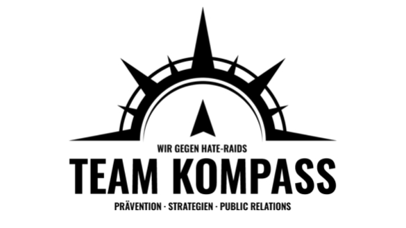 Logo obere Kompasshälfte mit spitz verlängerten Gradanzeigen, darunter in großen Buchstaben "Team Kompass" und die Ergänzungen "Wir gegen Haid-Raids" und "Prävention, Strategien, Public Relations"