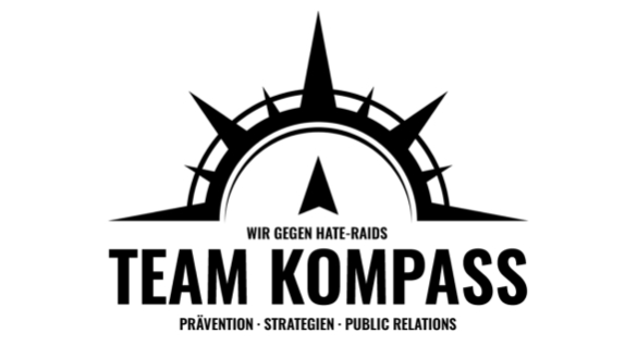 Team Kompass Logo Logo obere Kompasshälfte mit spitz verlängerten Gradanzeigen, darunter in großen Buchstaben "Team Kompass" und die Ergänzungen "Wir gegen Haid-Raids" und "Prävention, Strategien, Public Relations"