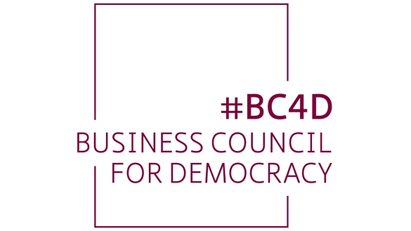 rote Schrift: "BC4D" Business Council for Democracy in rotem Outline-Rechteck