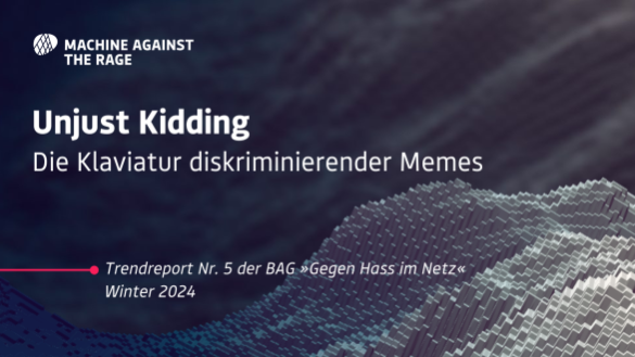 Weißer Schriftzug "Unjust Kidding; Die Klaviatur diskriminierender Memes", auf aerodynamischem, blauen Hintergrund, Roter Laser als Designelement