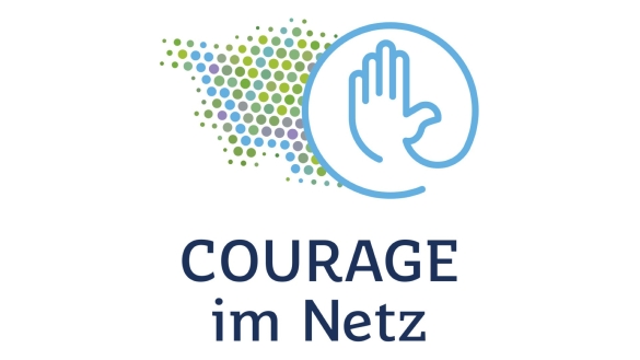 blauer Schriftzug "Courage im Netz", sowie eine blaue Hand, welche Stop-Zeichen zeigt