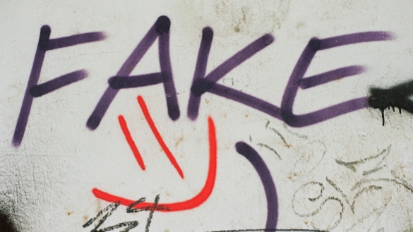 Graffiti auf einer dreckige weißen Häußerwand. „Fake“ steht in Großbuchstaben in dunkellila Farbe auf der Wand, darunter ein roter Smiley.