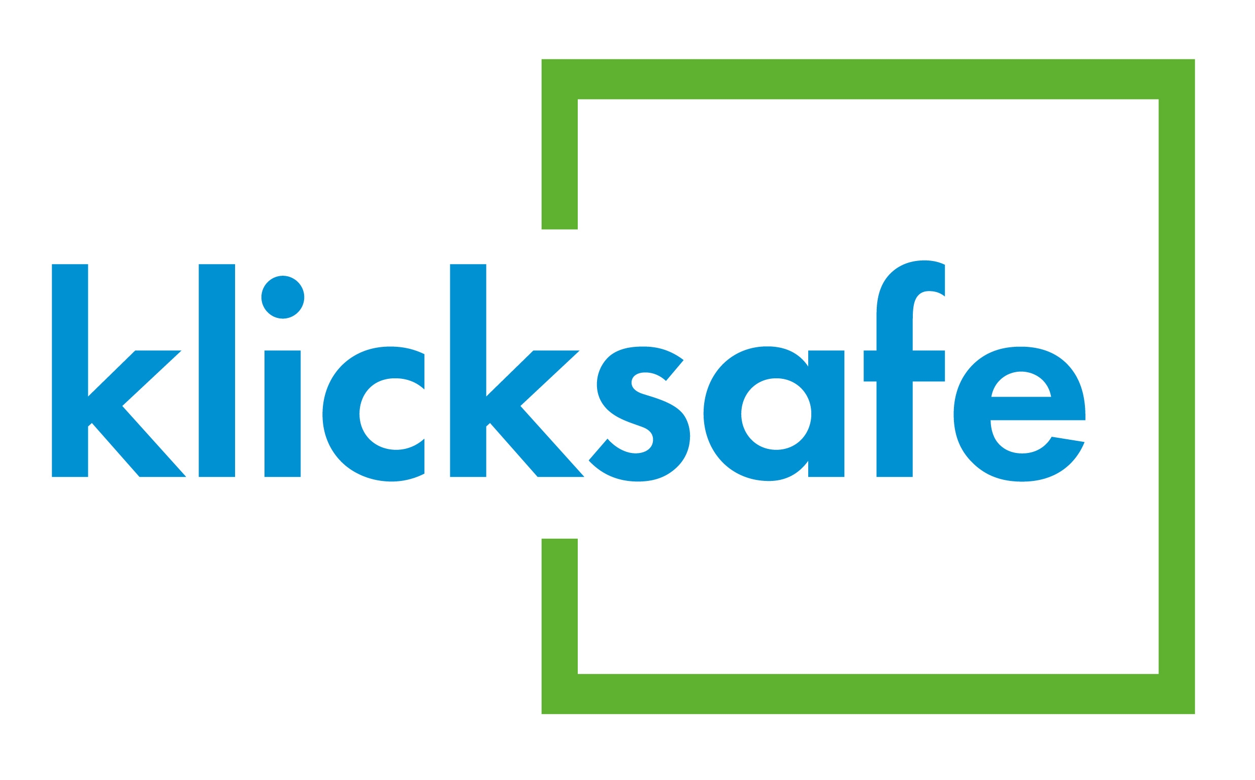 klicksafe Logo blauer text auf weißem hintergrund. grünes quadrat um das Wort "safe"