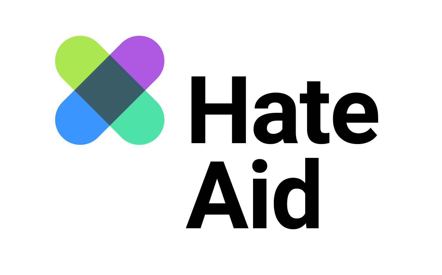 Logo der Organisation HateAid. Schwarzer Schriftzug mit einem buntem Pflaster in der oberen linken Ecke.