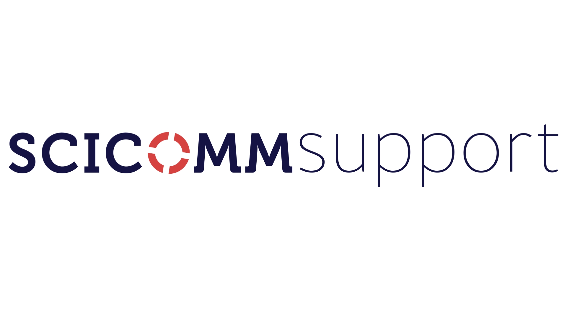 Scicomm-Support Logo Schriftzug "Scicomm Support" in dunkelblau, o als rotes Detail in Form eines Rettungsrings