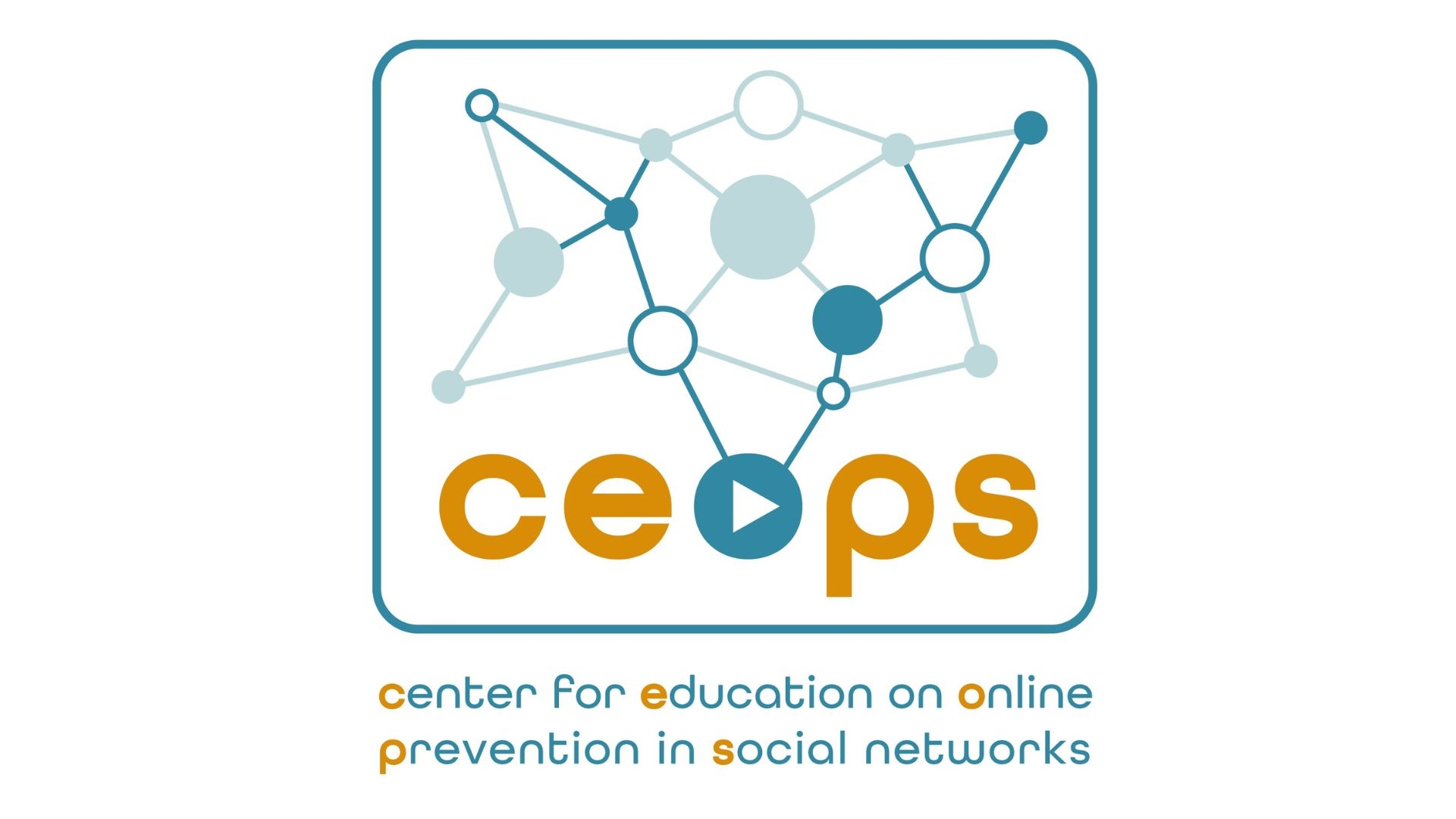 CEOPS Blaues Netz mit orangenem Schriftzug "ceops" und einem blauen Play-button als "o"