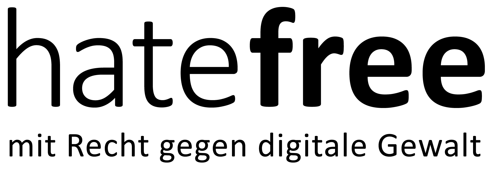 hatefree Logo. hatefree in schwarzer Schrift mit dem Untertitel „mit Recht gegen digitale Gewalt“