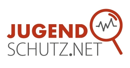 Logo: Jugendschutz.net steht in roter und grauer Schrift neben einer Lupe, ebenfalls in rot und grau. 