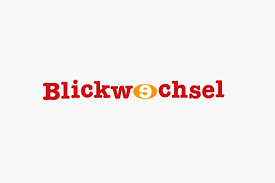 Logo: Blickwechsel steht in roter Schrift vor weißem Hintergrund. Das erste E ist in gelb und steht verkehrt herum.