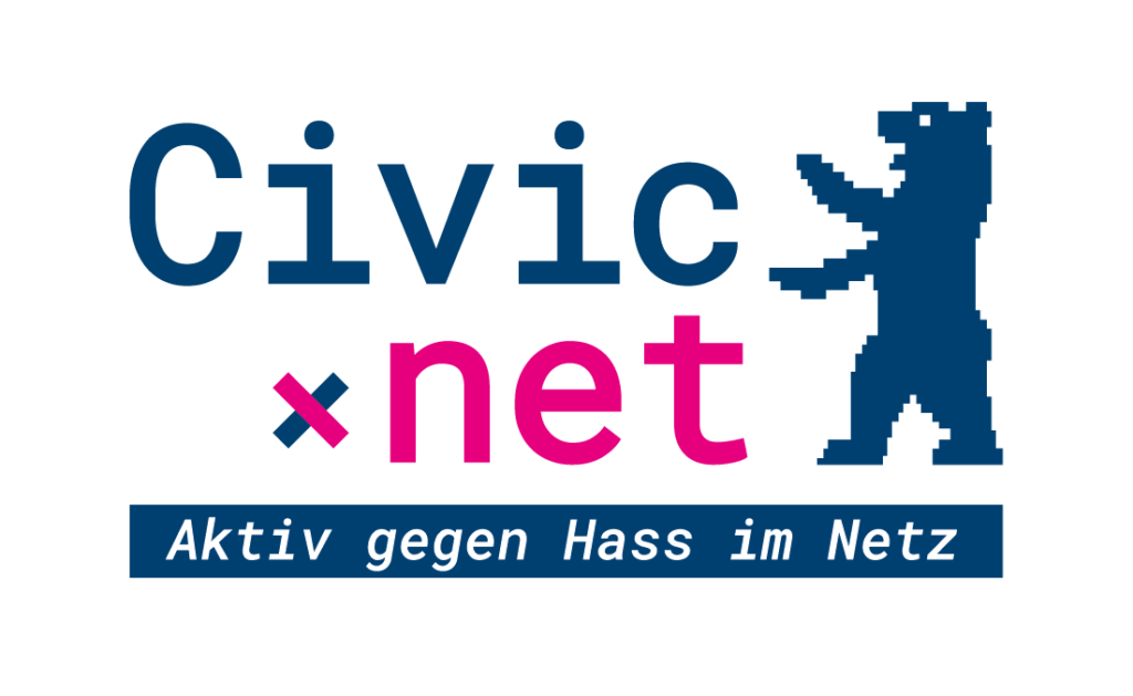 Logo: Civic x net steht in blauer und pinker Schrift, darunter ist „Aktiv gegen Hass im Netz“ zu lesen. Neben der Schrift ist ein leicht verpixelter Berliner Bär in blau zu sehen. 
