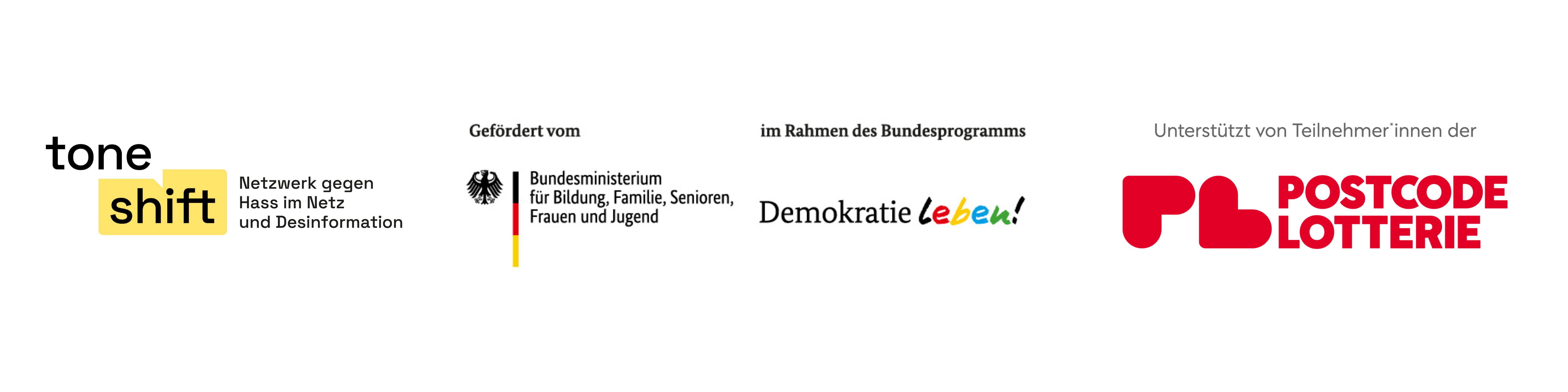 Grafik mit den Logos der Förderer des NETTZ-Gesprächs: toneshift-Logo, Demokratie Leben Logo, Bundesministerium für Bildung, Familie, Senioren, Frauen, Jugend Logo und Postcode Lotterie Logo