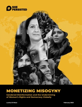 Cover von "Monetizing Misogyny", gelbe Schrift auf schwarzem Hintergrund. Verschiedene Gesichter von Frauen sind in einer Collage zusammengefasst, die wiederum die Silhouette einer Frau bilden.