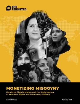 Cover von "Monetizing Misogyny" Cover von "Monetizing Misogyny", gelbe Schrift auf schwarzem Hintergrund. Verschiedene Gesichter von Frauen sind in einer Collage zusammengefasst, die wiederum die Silhouette einer Frau bilden.