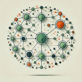 Grafik, die ein Netzwerken bestehend aus verschiedenen grünen und orangenen Punkten zeigt, die miteinander kreisförmig verbunden sind. 